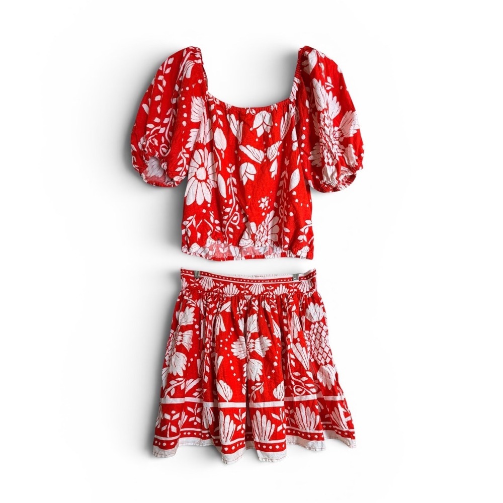 Haute Hippie Floral Linen Blend Crop Top Mini Skirt Set Red White‎ M